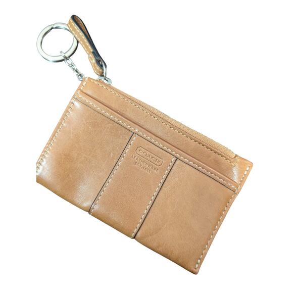 Coach Handbags - Coach Tan Leather Zip Card Case Wristlet Keyring
